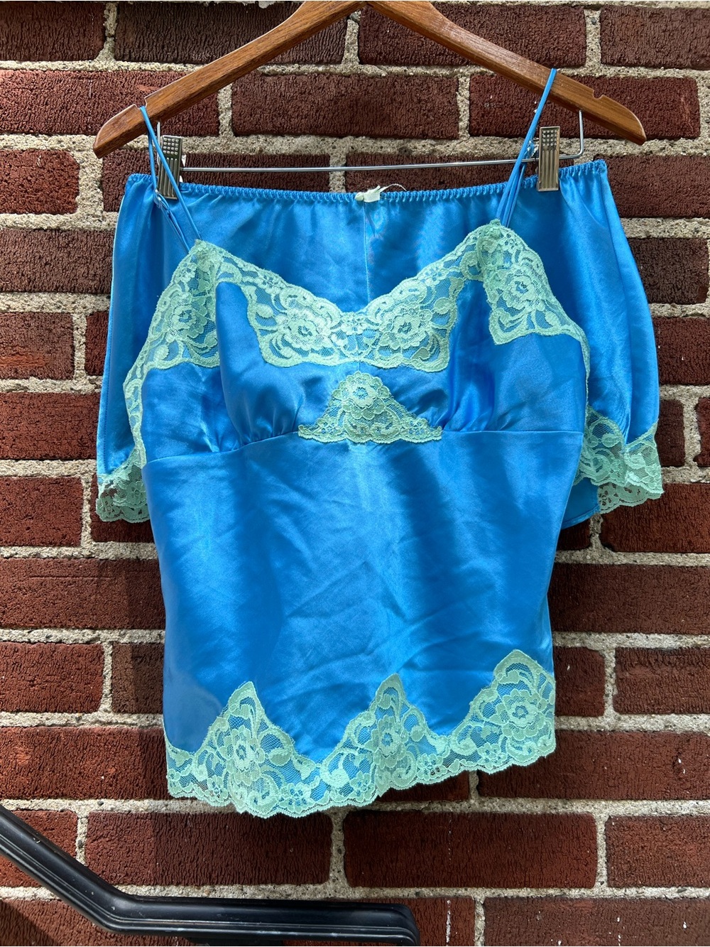 Bisou Bisou Bright Blue Satin Camisole & Shorts with Mint Lace Trim